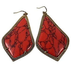 Kendra Scott Alex Coral Gold tear drop Earrings veined stone large pink